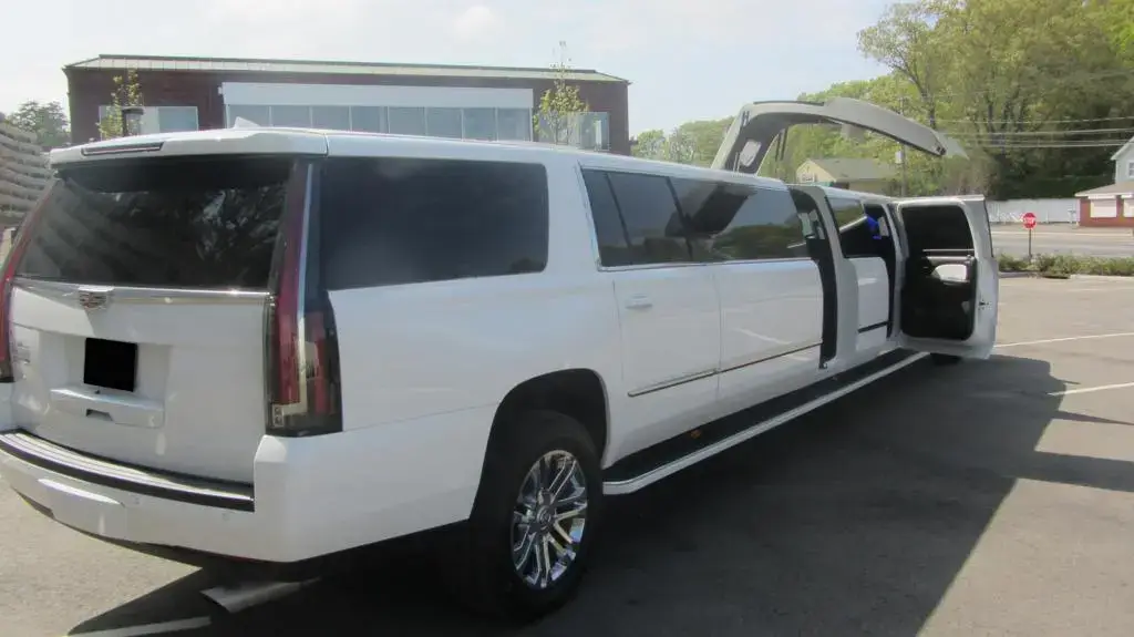 White SUV Limo back view parked